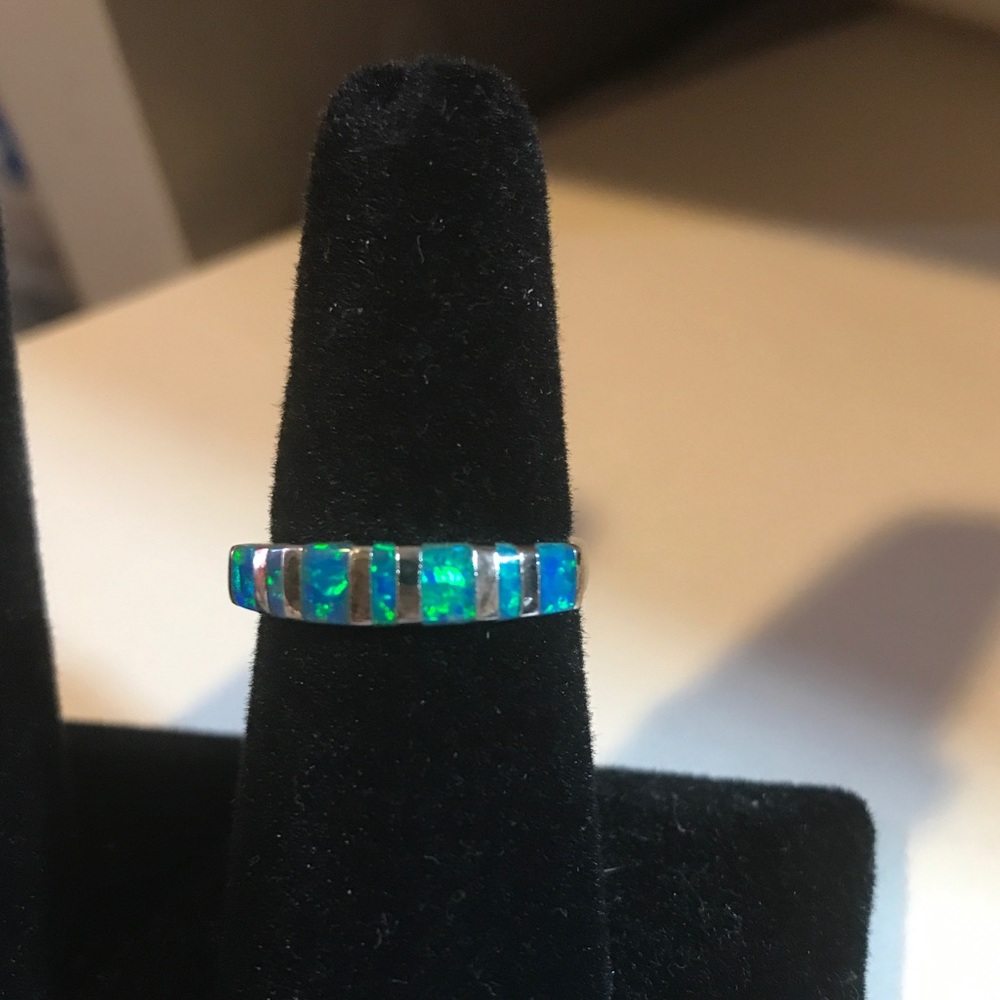 Blue lab Opals Silver 925 Band Ring Lovely  7 3/4